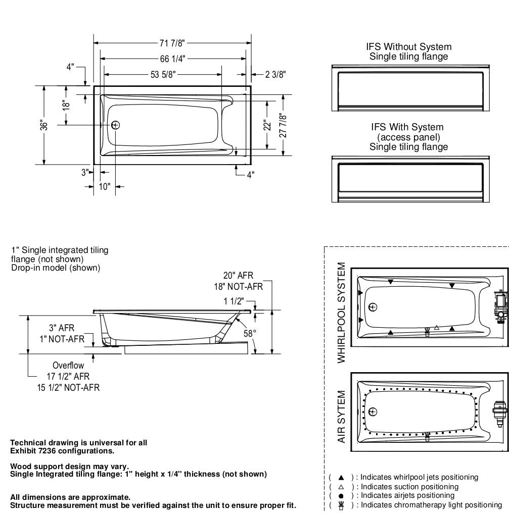 Exhibit 7236 Acrylic Drop-in End Drain Bathtub in White
