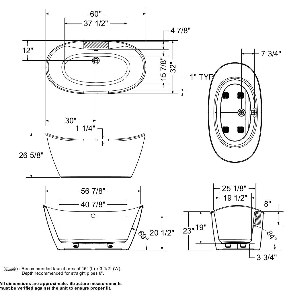 Delsia 6032 AcrylX Freestanding Center Drain Bathtub in White with White Skirt