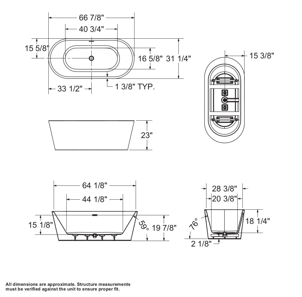 Lorca 6731 Acrylic Freestanding Center Drain Bathtub in White with White Skirt