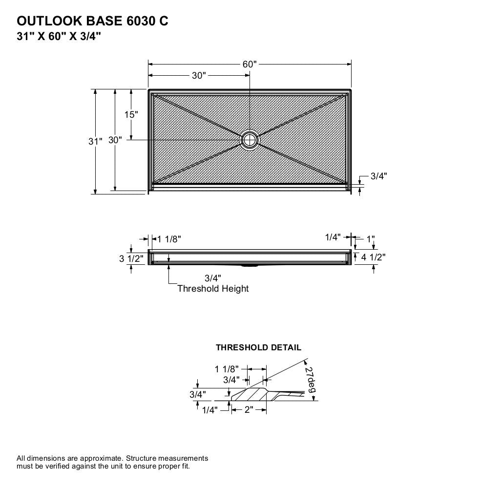 Outlook Base 6030 C AcrylX Alcove Shower Base with Center Drain in White