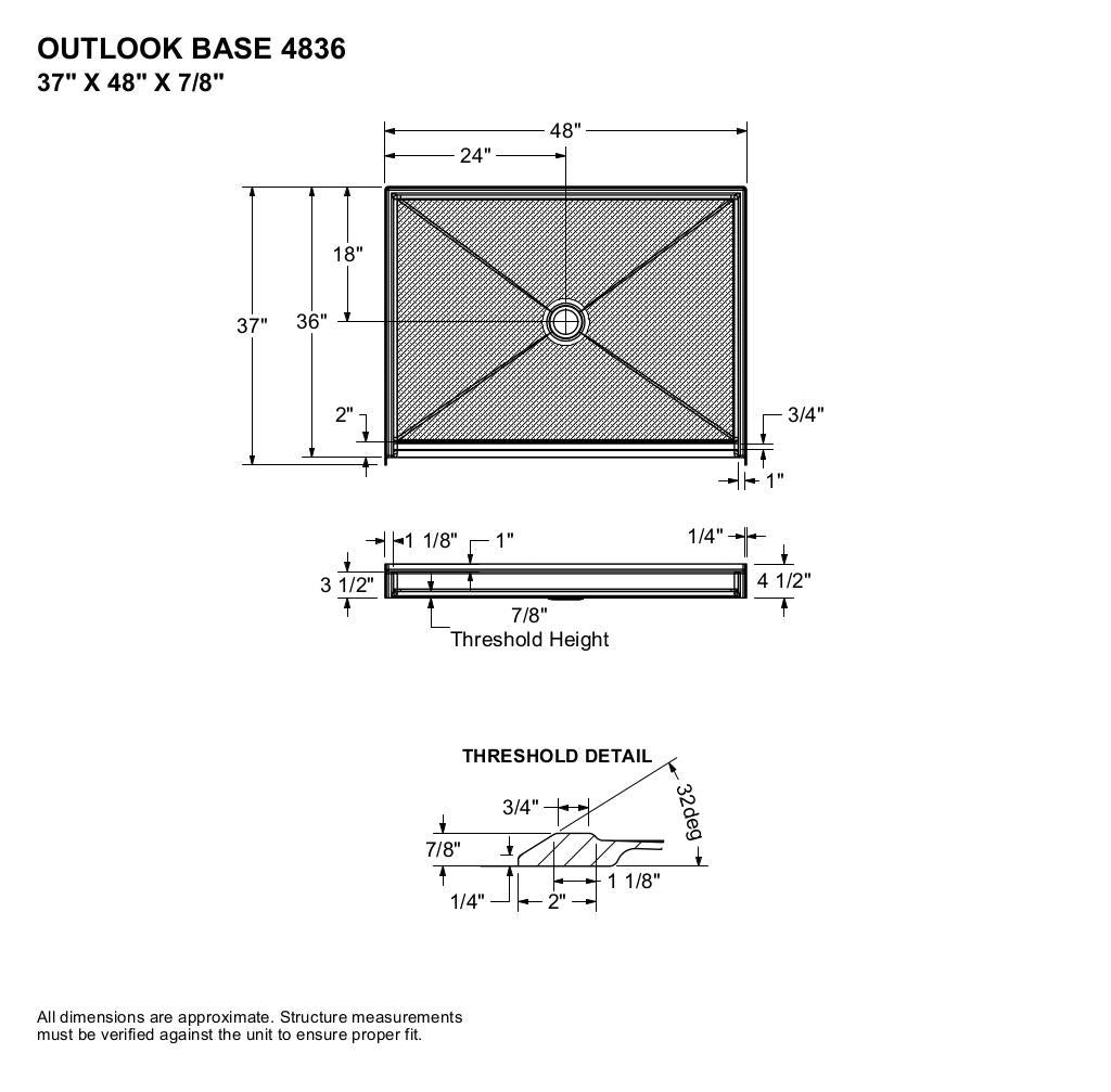 Outlook Base 4836 AcrylX Alcove Shower Base with Center Drain in White