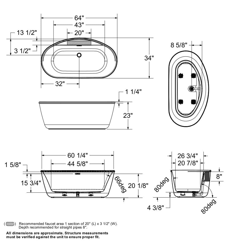 Emica 6434 AcrylX Freestanding Center Drain Bathtub in White with White Skirt