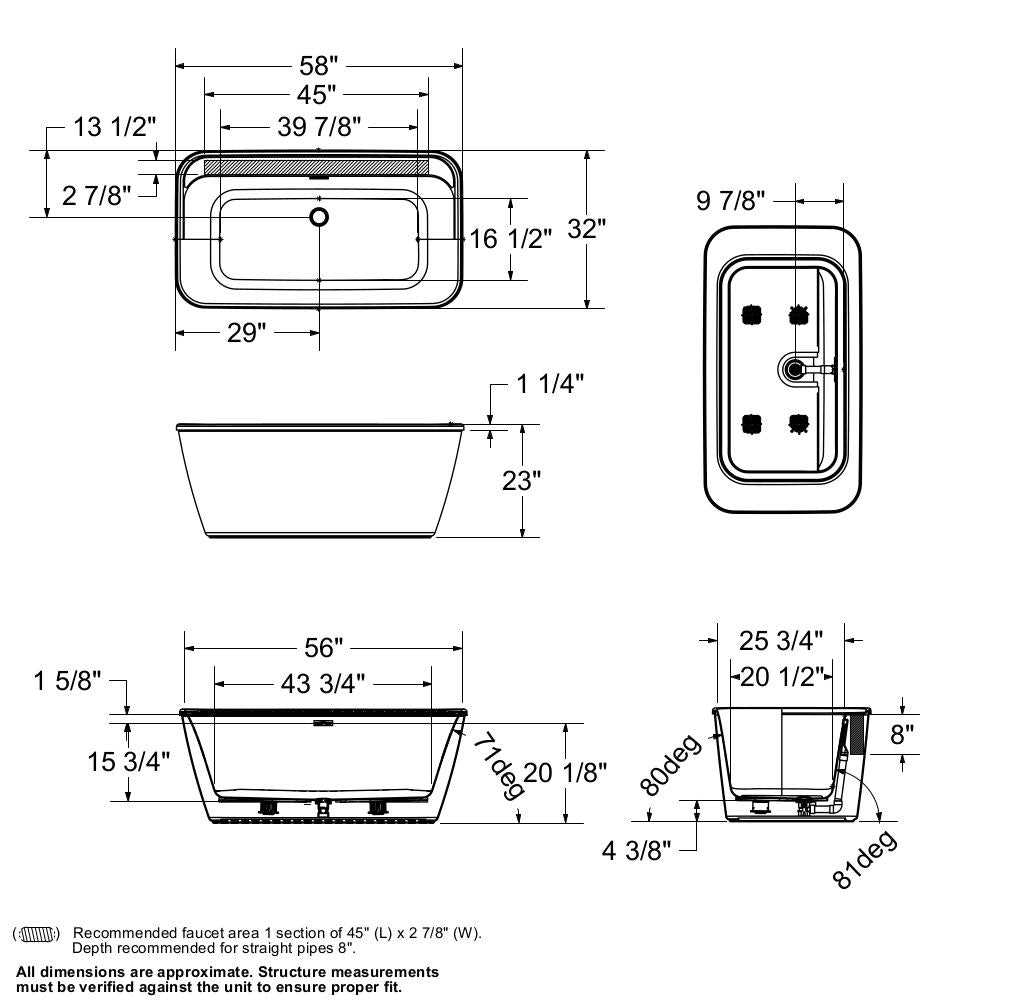Kai 58 x 32 AcrylX Freestanding Center Drain Bathtub in White with White Skirt