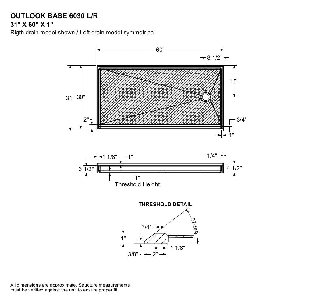 Outlook Base 6030 AcrylX Alcove Shower Base with Right-Hand Drain in White