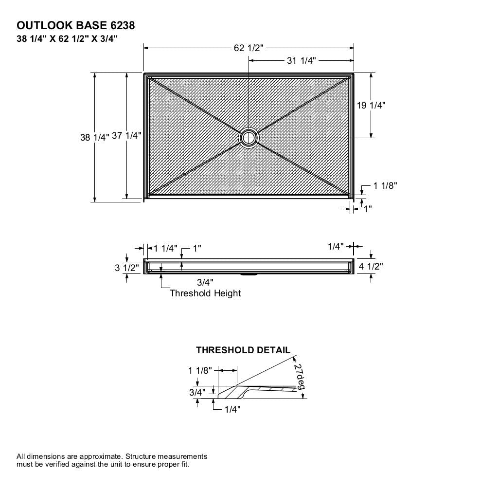 Outlook Base 6238 AcrylX Alcove Shower Base with Center Drain in White