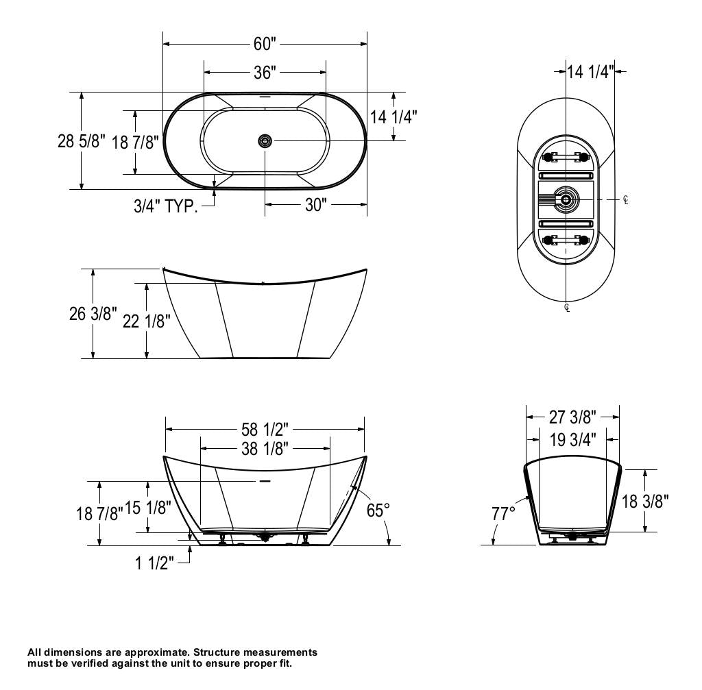 Mahaba 60 x 29 Acrylic Freestanding Oval Center Drain Bathtub in White
