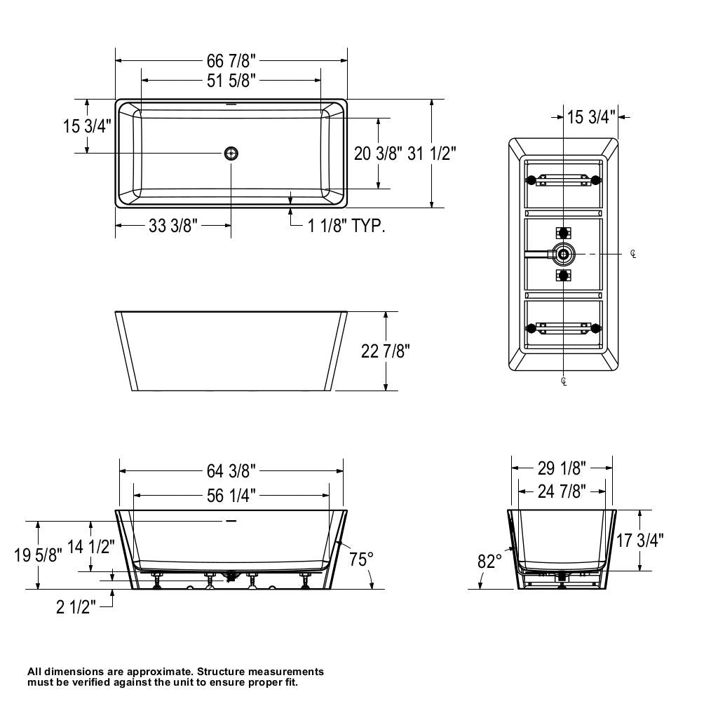 Nakuru 67 x 31 Acrylic Freestanding Rectangular Center Drain Bathtub in White