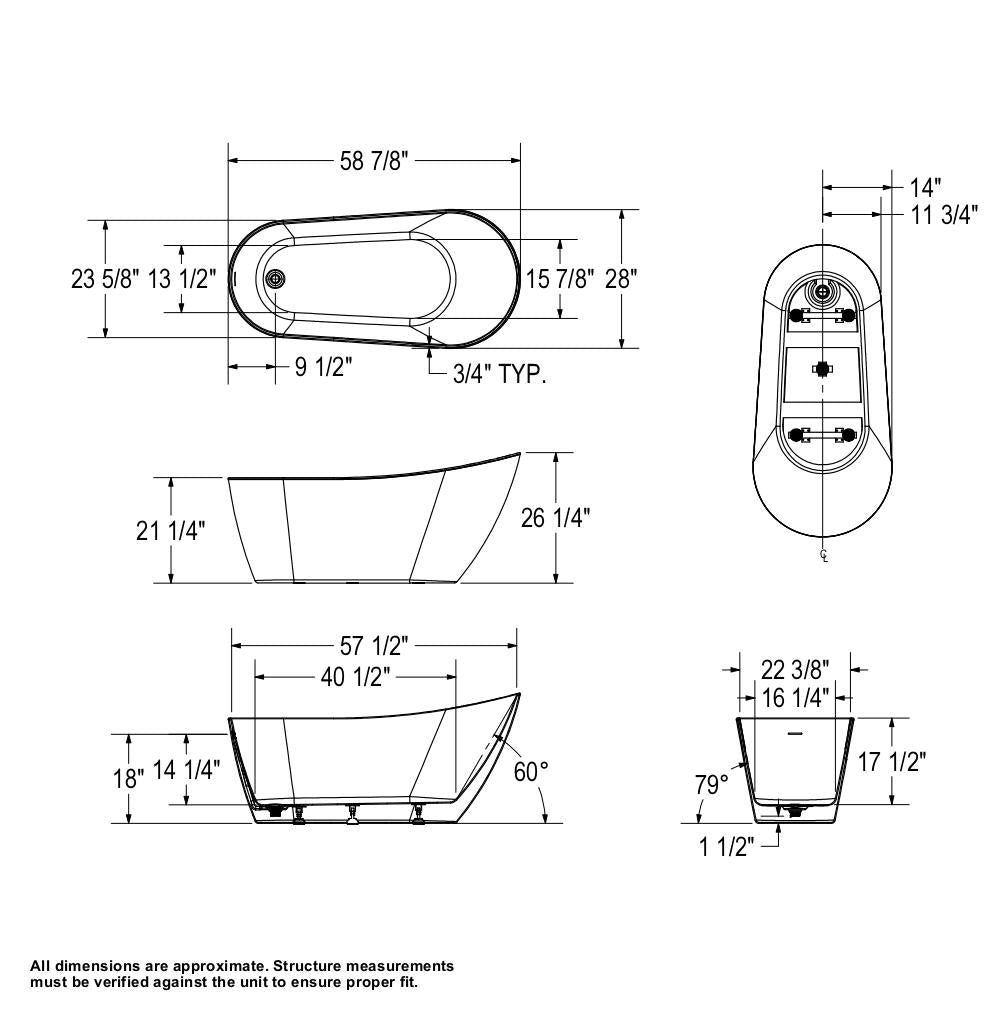 Soca 59 x 28 Acrylic Freestanding Oval End Drain Bathtub in White