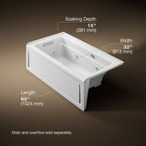 Archer® 60" x 32" alcove whirlpool bath with Bask® heated surface, alcove left drain