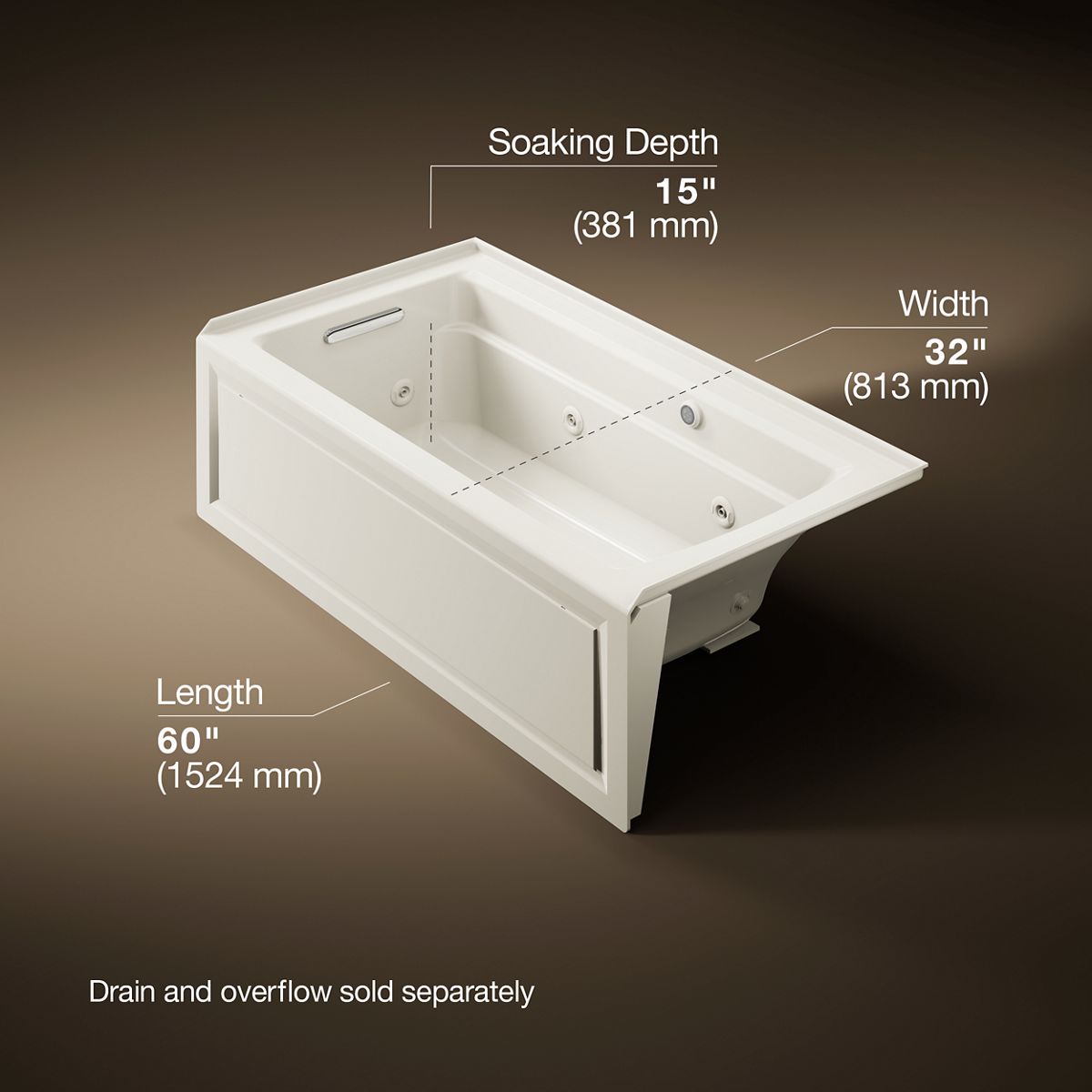 Archer® 60" x 32" alcove whirlpool bath with Bask® heated surface, alcove left drain