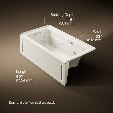 Archer® 60" x 32" alcove whirlpool bath with Bask® heated surface, alcove left drain