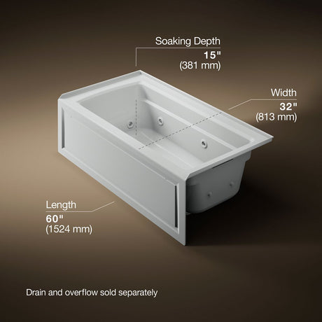 Archer® 60" x 32" alcove heated whirlpool bath, right drain