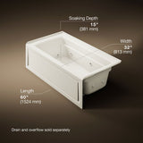Archer® 60" x 32" alcove heated whirlpool bath, right drain