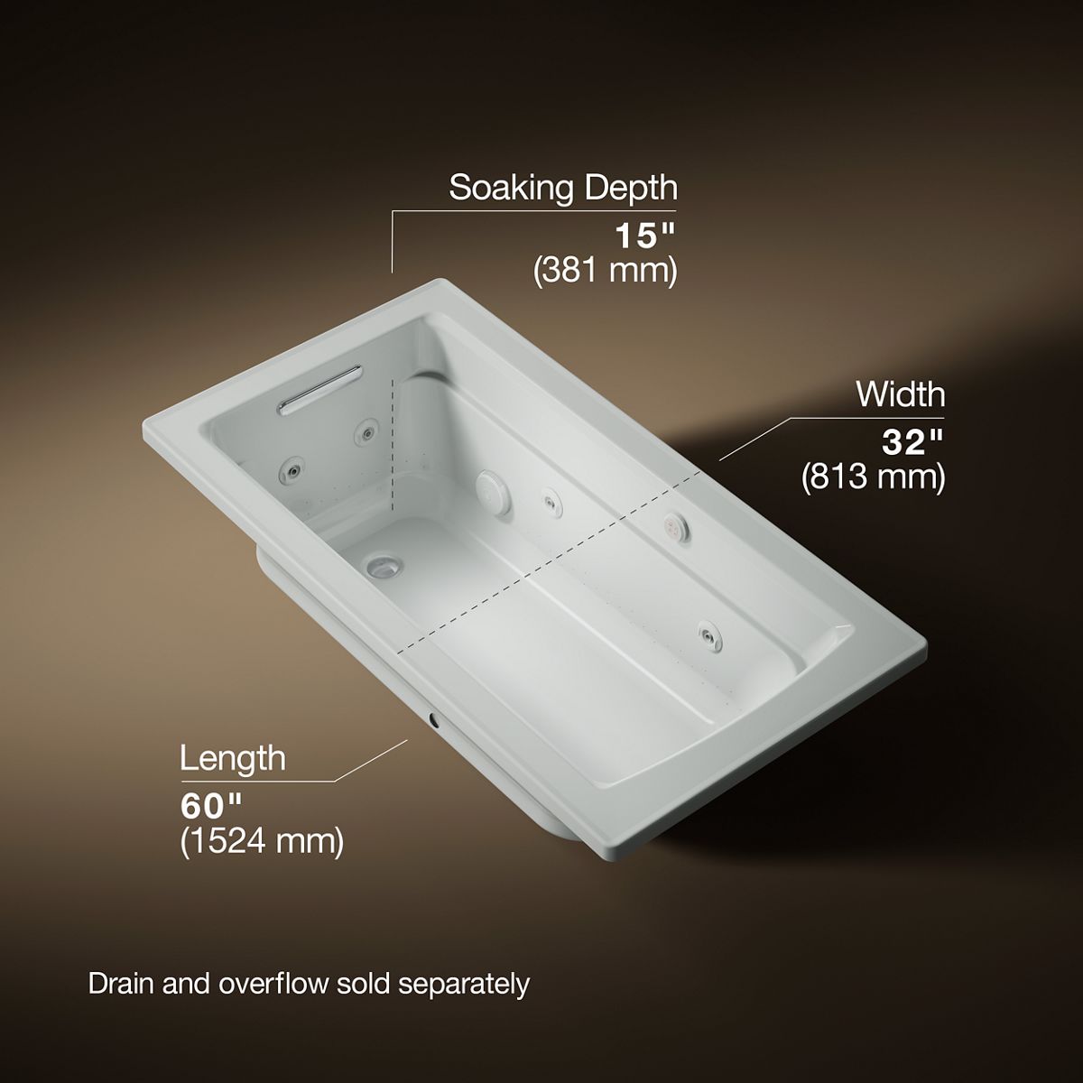 Archer® 60" x 32" drop-in Heated BubbleMassage™ air bath and whirlpool