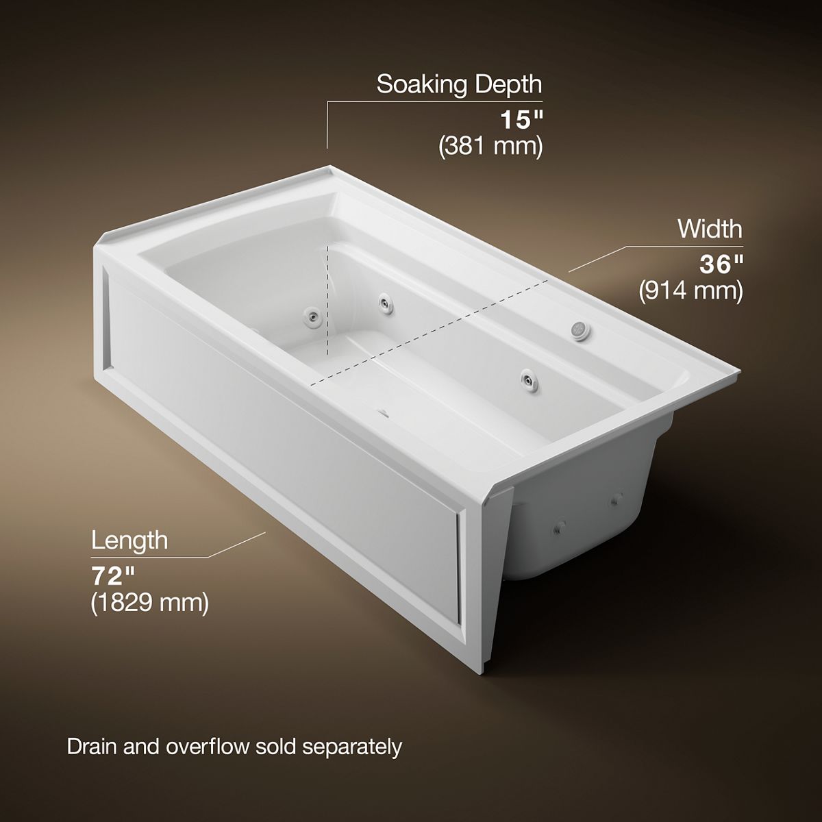 Archer® 72" x 36" alcove whirlpool bath with Bask® heated surface, right drain