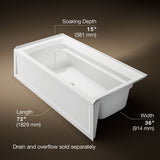 Archer® 72" x 36" alcove bath with Bask® heated surface, alcove, right drain