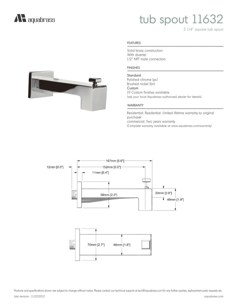 6 1/2" square tub spout with diverter