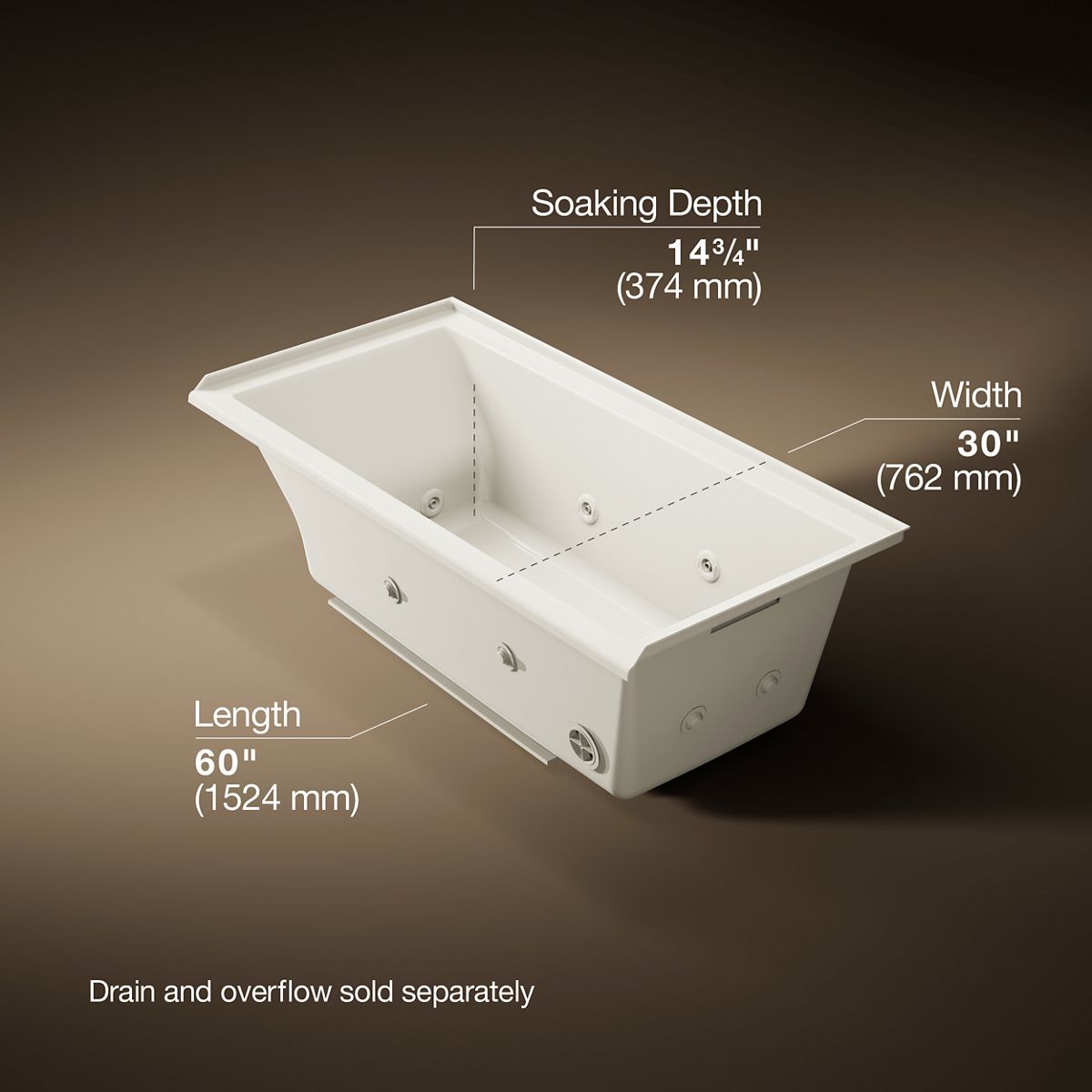 Underscore® 60" x 30" drop-in/alcove heated whirlpool bath, right drain