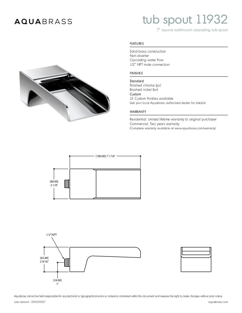 7" square wallmount cascading tub spout