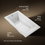 Mariposa® 66" x 35-7/8" drop-in whirlpool bath with end drain and heater