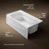 Mariposa® 66" x 36" alcove Heated BubbleMassage™ air bath, right drain