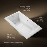 Mariposa® 66" x 36" drop-in Heated BubbleMassage™ air bath with Bask® heated surface