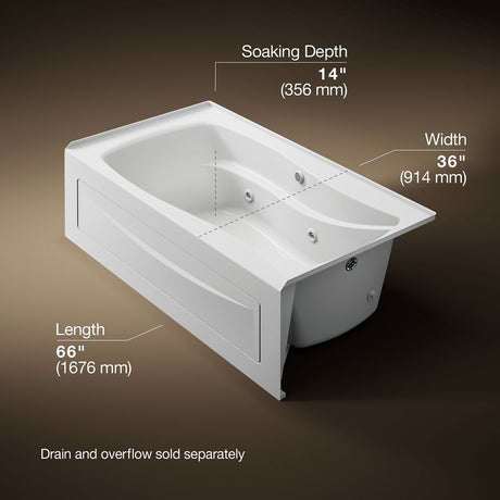 Mariposa® 66" x 36" alcove whirlpool bath with Bask® heated surface, right drain