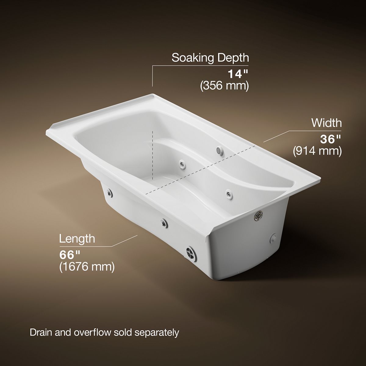 Mariposa® 66" x 35-7/8" alcove whirlpool bath with Bask® heated surface, integral flange, and right-hand drain