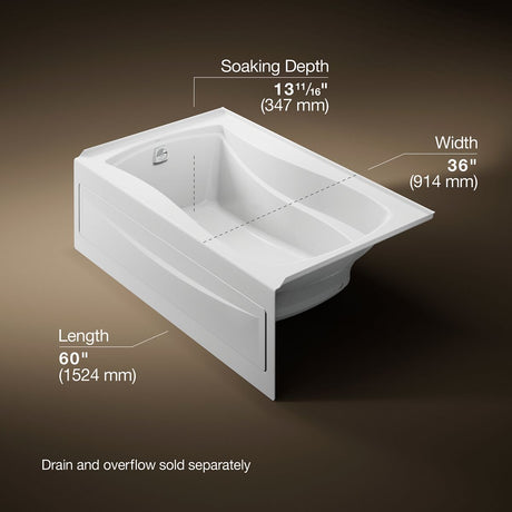 Mariposa® 60" x 36" alcove Heated BubbleMassage™ air bath, left drain