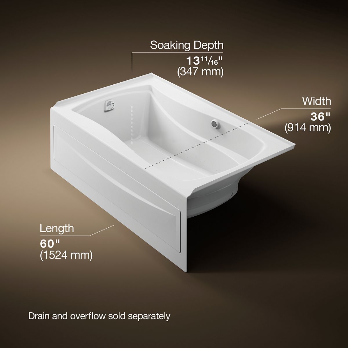 Mariposa® 60" x 36" alcove Heated BubbleMassage™ air bath with Bask® heated surface, left drain