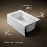 Mariposa® 60" x 36" alcove Heated BubbleMassage™ air bath, right drain
