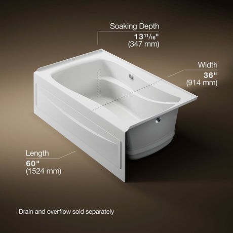 Mariposa® 60" x 36" alcove Heated BubbleMassage™ air bath with Bask® heated surface, right drain