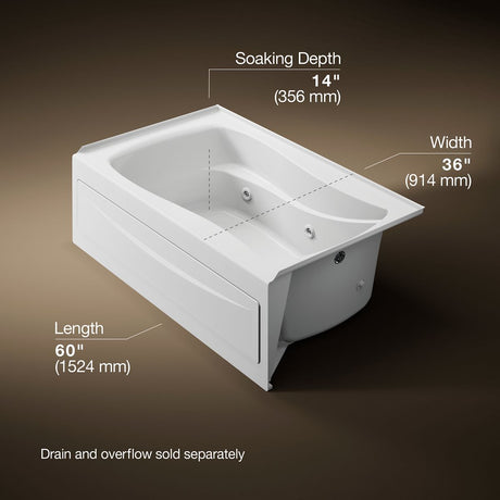 Mariposa® 60" x 36" alcove heated whirlpool, right drain