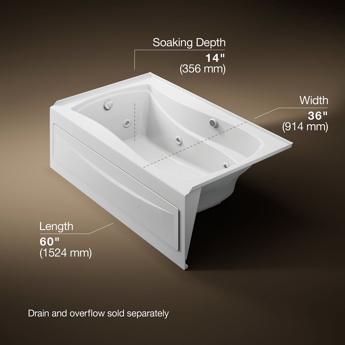 Mariposa® 60" x 36" alcove whirlpool bath with Bask® heated surface, left drain