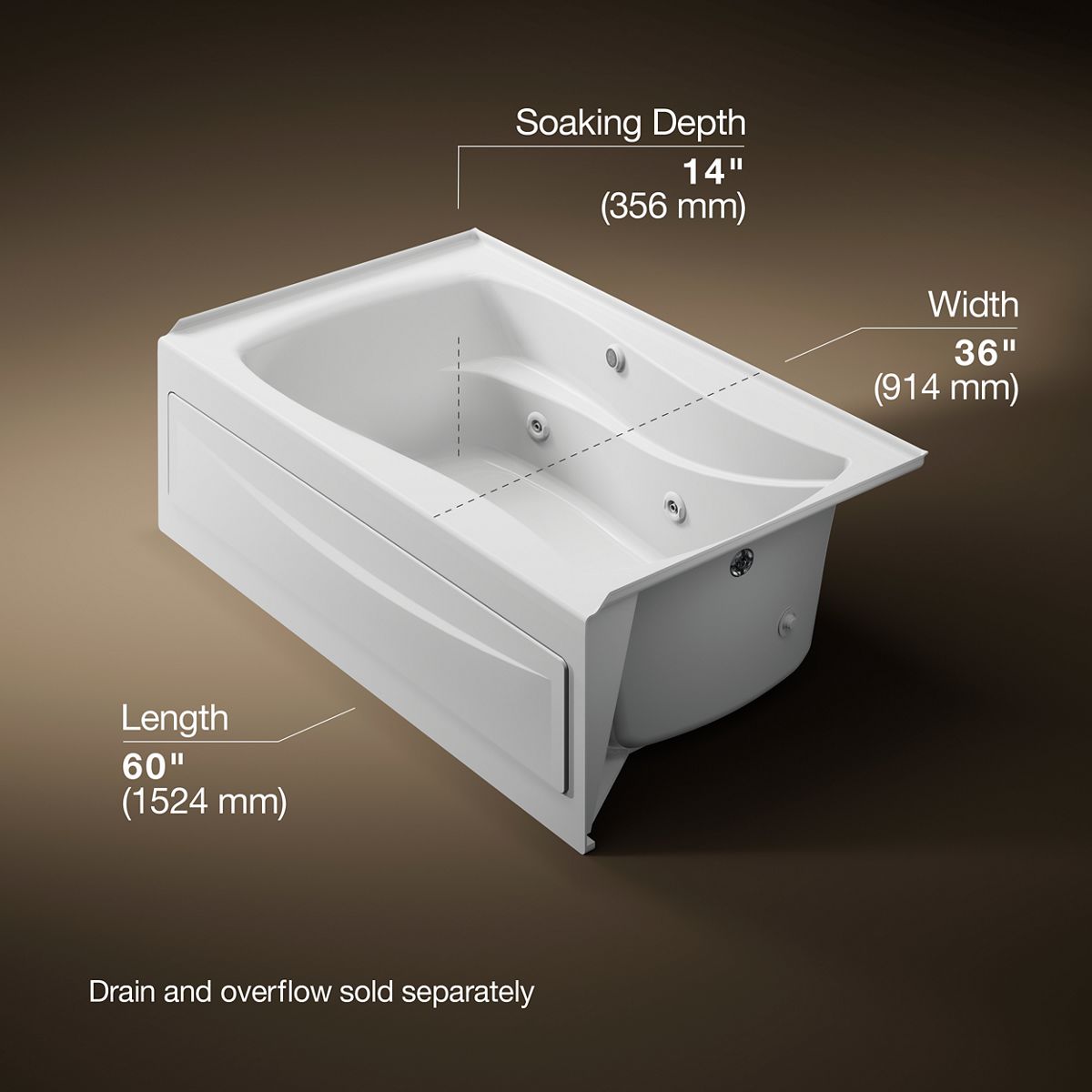 Mariposa® 60" x 36" alcove whirlpool bath Bask® heated surface, right drain