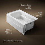 Mariposa® 60" x 36" alcove whirlpool bath Bask® heated surface, right drain
