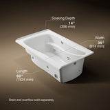 Mariposa® 60" x 36" alcove whirlpool bath with Bask® heated surface, integral flange and right-hand drain
