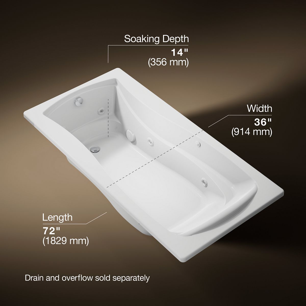 Mariposa® 72" x 36" drop-in whirlpool bath with end drain, custom pump location and heater