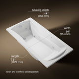 Mariposa® 72" x 36" drop-in whirlpool bath with end drain, custom pump location and heater