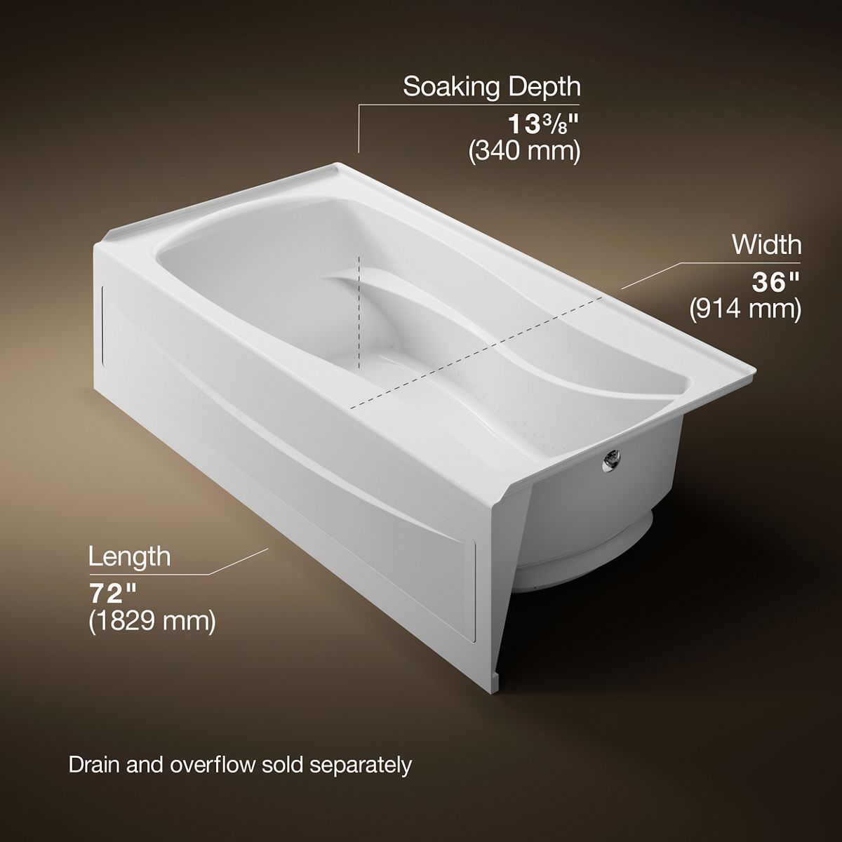 Mariposa® 72" x 36" alcove Heated BubbleMassage™ air bath, right drain