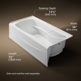 Mariposa® 72" x 36" alcove Heated BubbleMassage™ air bath, right drain