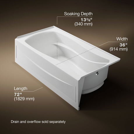 Mariposa® 72" x 36" alcove Heated BubbleMassage™ air bath, right drain