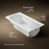 Mariposa® 72" x 36" alcove Heated BubbleMassage™ air bath with Bask® heated surface, right drain