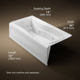 Mariposa® 72" x 36" alcove heated whirlpool bath, left drain
