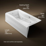 Mariposa® 72" x 36" alcove whirlpool bath with Bask® heated surface, left drain
