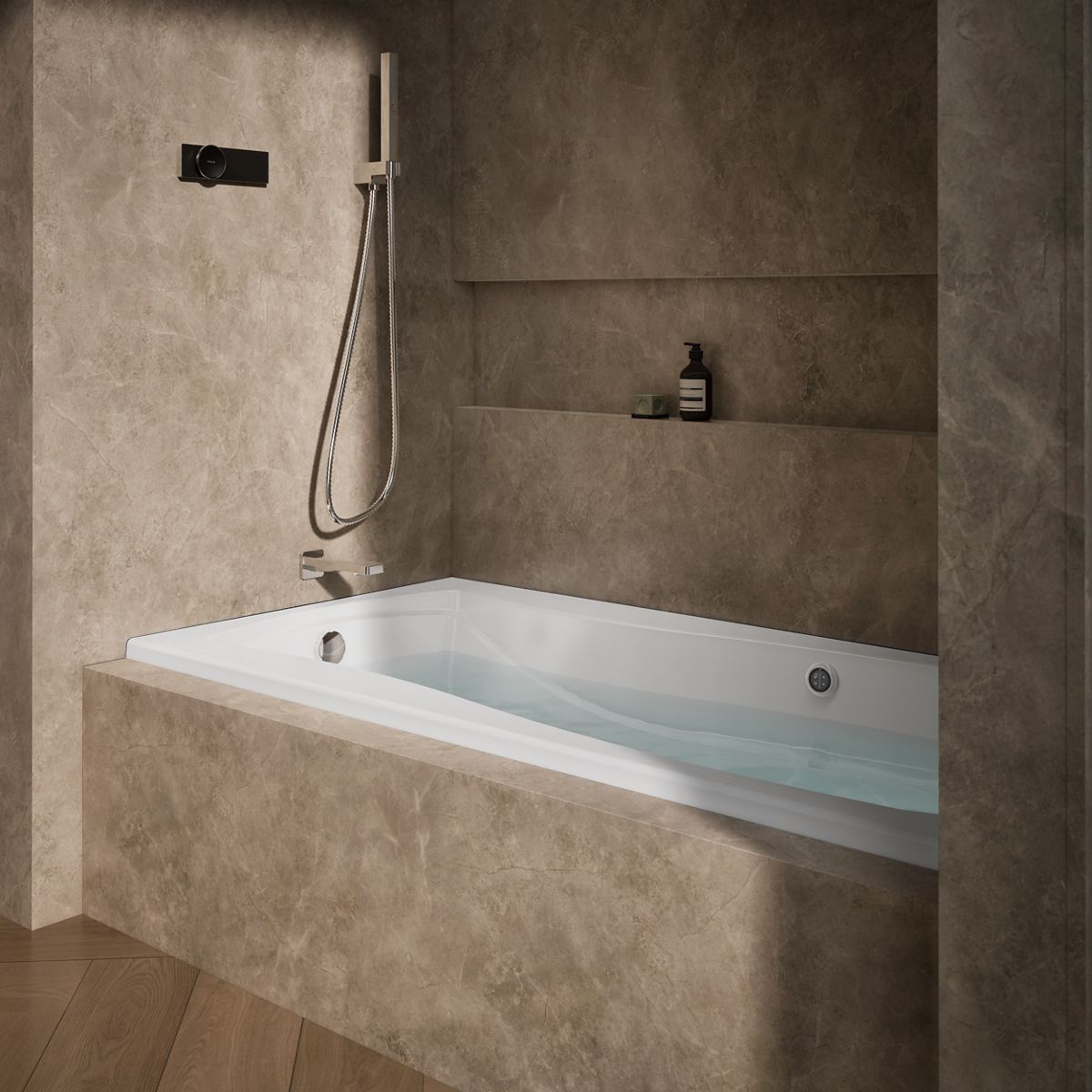 Mariposa® 72" x 36" alcove whirlpool bath with Bask® heated surface, left drain
