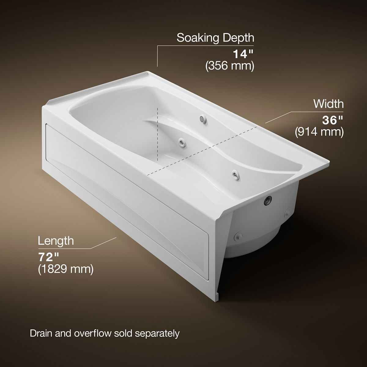 Mariposa® 72" x 36" alcove whirlpool bath with Bask® heated surface, right drain