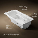 Mariposa® 72" x 36" alcove whirlpool bath, right drain