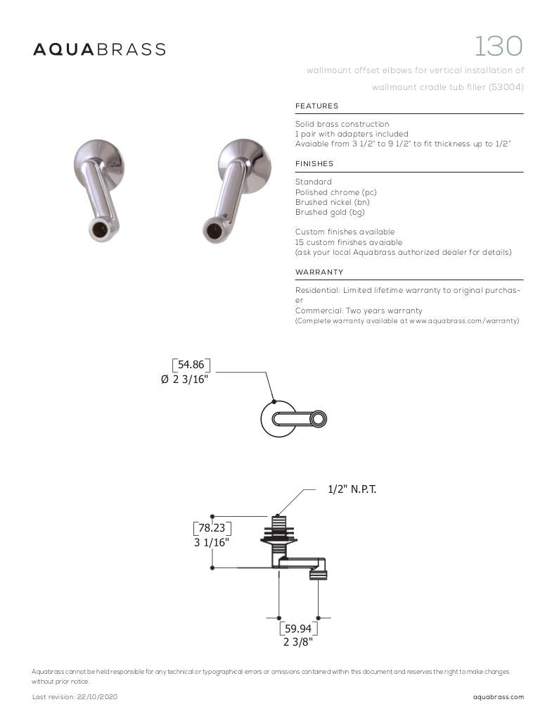 Wallmount offset elbows for vertical installation of wallmount cradle tub filler