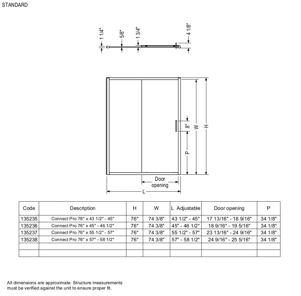 Connect Pro 57-58 ½ x 76 in. 6mm Sliding Shower Door for Alcove Installation with Clear glass in Chrome